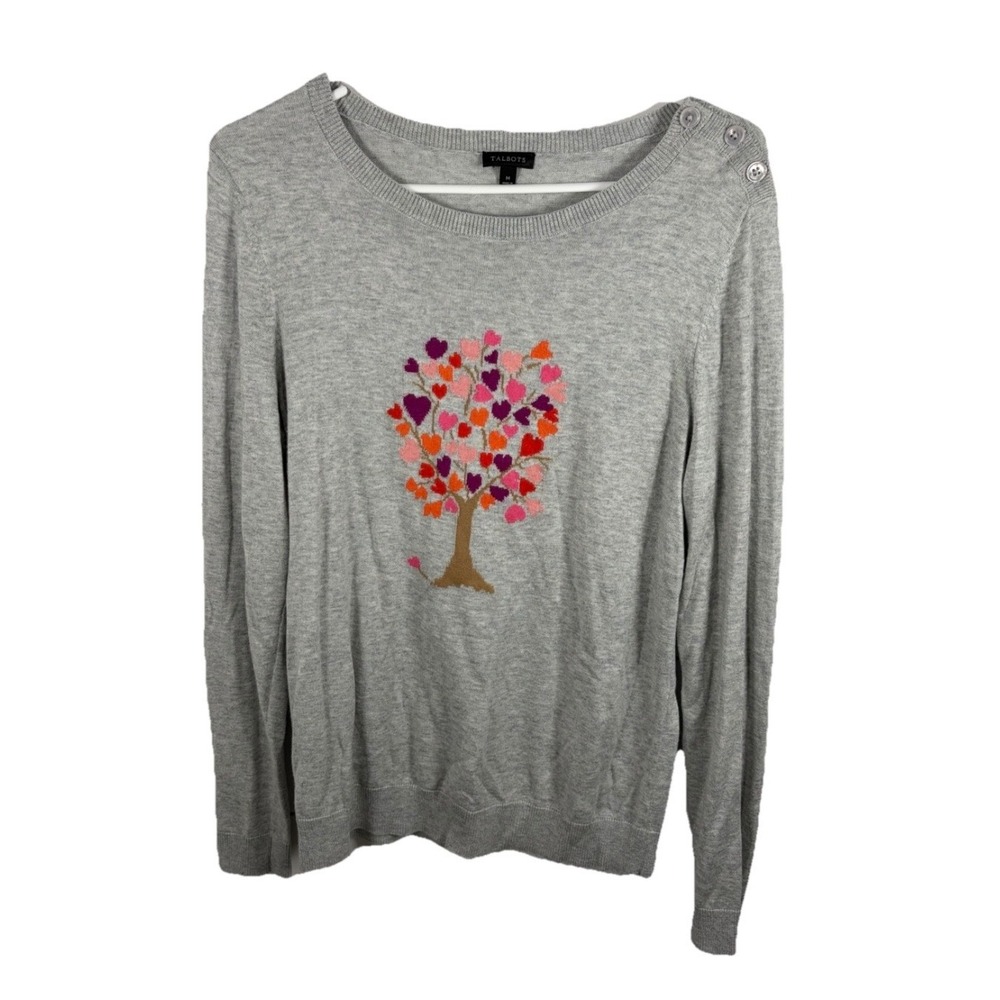Talbots Sweater Lightweight Gray M Tree Heart Love Valentines‎ Shoulder Buttons